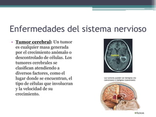 Enfermedades del sistema nervioso
• Tumor cerebral: Un tumor
es cualquier masa generada
por el crecimiento anómalo o
descontrolado de células. Los
tumores cerebrales se
clasifican atendiendo a
diversos factores, como el
lugar donde se encuentran, el
tipo de células que involucran
y la velocidad de su
crecimiento.
 