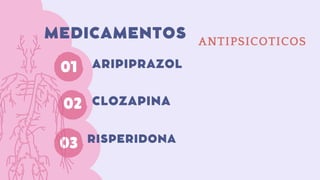 MEDICAMENTOS
ARIPIPRAZOL
CLOZAPINA
RISPERIDONA
01
02
03
ANTIPSICOTICOS
 