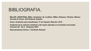 BIBLIOGRAFIA.
◦ MILLER. ANESTESIA. Miller. Anestesia: 8e. 8 edition. Miller, Eriksson, Fleisher, Wiener-
Kronish & Cohen. 2016 Elsevier España.
◦ Gray´s Anatomía para estudiantes. 3ª ed. España: Elsevier; 2015.
◦ Anatomía de la columna vertebral y del raquis aplicada a la anestesia neuroaxial.
Volumen 65 · No 6 · Simposio 2007.
◦ Neuroanatomia Clinica / 7 Ed.Snell, Richard
 