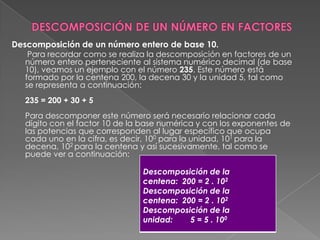 DESCOMPOSICIÓN DE UN NÚMERO EN FACTORESDescomposición de un número entero de base 10.        Para recordar como se realiza la descomposición en factores de un número entero perteneciente al sistema numérico decimal (de base 10), veamos un ejemplo con el número 235. Este número está formado por la centena 200, la decena 30 y la unidad 5, tal como se representa a continuación:235 = 200 + 30 + 5Para descomponer este número será necesario relacionar cada dígito con el factor 10 de la base numérica y con los exponentes de las potencias que corresponden al lugar específico que ocupa cada uno en la cifra, es decir, 100 para la unidad, 101 para la decena, 102 para la centena y así sucesivamente, tal como se puede ver a continuación: