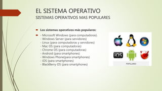 EL SISTEMA OPERATIVO
SISTEMAS OPERATIVOS MAS POPULARES
 Los sistemas operativos más populares:
 - Microsoft Windows (para computadoras).
- Windows Server (para servidores)
- Linux (para computadoras y servidores)
- Mac OS (para computadoras)
- Chrome OS (para computadoras)
- Android (para smartphones)
- Windows Phone(para smartphones)
- iOS (para smartphones)
- BlackBerry OS (para smartphones)
 