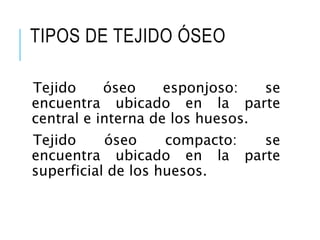 TIPOS DE TEJIDO ÓSEO
Tejido óseo esponjoso: se
encuentra ubicado en la parte
central e interna de los huesos.
Tejido óseo compacto: se
encuentra ubicado en la parte
superficial de los huesos.
 