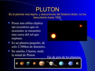 PLUTON Es el planeta mas lejano  y desconocido del Sistema Solar; no fue descubierto hasta 1930. Posee una orbita eliptica tan excentrica que en ocasiones se encuentra mas cerca del sol que neptuno. Es un planeta pequeño, de solo 2.300km de diametro. Su satelite, Charon, mide la mitad de Pluton Eje de giro de los planetas 