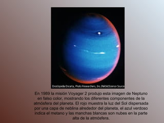En 1989 la misión Voyager 2 produjo esta imagen de Neptuno en falso color, mostrando los diferentes componentes de la atmósfera del planeta. El rojo muestra la luz del Sol dispersada por una capa de neblina alrededor del planeta, el azul verdoso indica el metano y las manchas blancas son nubes en la parte alta de la atmósfera. . 