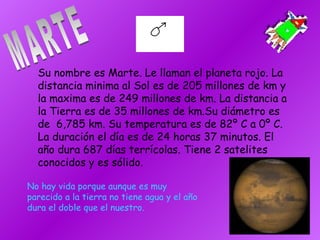 MARTE Su nombre es Marte. Le llaman el planeta rojo. La distancia minima al Sol es de 205 millones de km y la maxima es de 249 millones de km. La distancia a la Tierra es de 35 millones de km.Su diámetro es de  6,785 km. Su temperatura es de 82º C a 0º C. La duración el día es de 24 horas 37 minutos. El año dura 687 días terrícolas. Tiene 2 satelites conocidos y es sólido. No hay vida porque aunque es muy parecido a la tierra no tiene agua y el año dura el doble que el nuestro. 