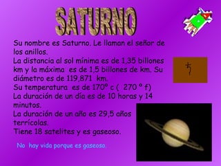 Su nombre es Saturno. Le llaman el señor de los anillos. La distancia al sol mínima es de 1,35 billones km y la máxima  es de 1,5 billones de km. Su diámetro es de 119,871  km. Su temperatura  es de 170º c (  270 º f) La duración de un día es de 10 horas y 14 minutos. La duración de un año es 29,5 años terrícolas. Tiene 18 satelites y es gaseoso. SATURNO No  hay vida porque es gaseoso. 