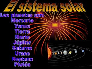 El sistema solar Los planetas son: Mercurio Venus Tierra Marte Júpiter Saturno Urano Neptuno  Plutón 