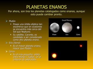 PLANETAS ENANOS Por ahora, son tres los planetas catalogados como enanos, aunque esto puede cambiar pronto. Plutón Posee una órbita elíptica tan excéntrica que en ocasiones se encuentra más cerca del Sol que Neptuno. Su satélite, Caronte, es candidato a ser considerado como otro planeta enano. Eris (Xena) Es el mayor planeta enano, mayor que Plutón. Ceres  Es el más pequeño; orbita entre Marte y Júpiter, en el cinturón de asteroides. 