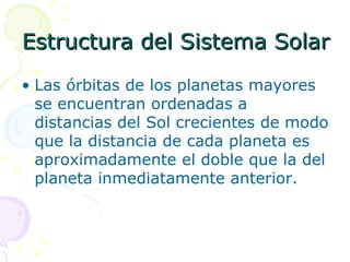 Estructura del Sistema Solar Las órbitas de los planetas mayores se encuentran ordenadas a distancias del Sol crecientes de modo que la distancia de cada planeta es aproximadamente el doble que la del planeta inmediatamente anterior.  