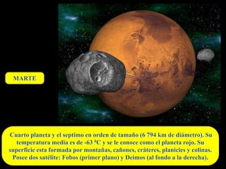 MARTE




Cuarto planeta y el septimo en orden de tamaño (6 794 km de diámetro). Su
  temperatura media es de -63 0C y se le conoce como el planeta rojo. Su
superficie esta formada por montañas, cañones, cráteres, planicies y colinas.
 Posee dos satélite: Fobos (primer plano) y Deimos (al fondo a la derecha).
 