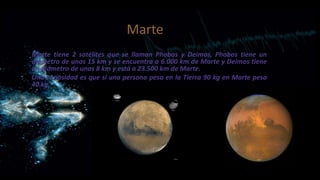 Marte
Marte tiene 2 satélites que se llaman Phobos y Deimos, Phobos tiene un
diámetro de unos 15 km y se encuentra a 6.000 km de Marte y Deimos tiene
un diámetro de unos 8 km y está a 23.500 km de Marte.
Una curiosidad es que si una persona pesa en la Tierra 90 kg en Marte pesa
40 kg.

 