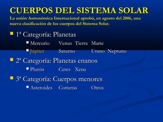 CUERPOS DEL SISTEMA SOLARCUERPOS DEL SISTEMA SOLAR
La unión Astronómica Internacional aprobó, en agosto del 2006, unaLa unión Astronómica Internacional aprobó, en agosto del 2006, una
nueva clasificación de los cuerpos del Sistema Solar.nueva clasificación de los cuerpos del Sistema Solar.
 1ª Categoría: Planetas1ª Categoría: Planetas
 MercurioMercurio VenusVenus TierraTierra MarteMarte
 JúpiterJúpiter SaturnoSaturno UranoUrano NeptunoNeptuno
 2ª Categoría: Planetas enanos2ª Categoría: Planetas enanos
 PlutónPlutón CeresCeres XenaXena
 3ª Categoría: Cuerpos menores3ª Categoría: Cuerpos menores
 AsteroidesAsteroides CometasCometas OtrosOtros
 