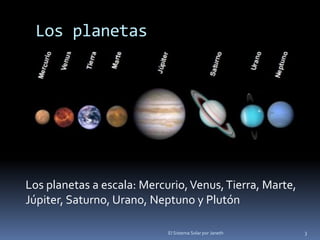 Los planetas 
Los planetas a escala: Mercurio, Venus, Tierra, Marte, 
Júpiter, Saturno, Urano, Neptuno y Plutón 
El Sistema Solar por Janeth 3 
 