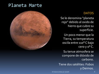 Planeta Marte 
DATOS 
Se le denomina “planeta 
rojo” debido al oxido de 
hierro que cubre su 
superficie. 
Un poco menor que la 
Tierra, su temperatura 
oscila entre 110° C bajo 
cero y 0° C. 
Su tenue atmosfera se 
compone de dióxido de 
carbono. 
Tiene dos satélites: Fobos 
y Deimos. 
El Sistema Solar por Janeth 8 
 