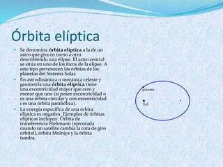 Órbita elíptica
 Se denomina órbita elíptica a la de un
astro que gira en torno a otro
describiendo una elipse. El astro central
se sitúa en uno de los focos de la elipse. A
este tipo pertenecen las órbitas de los
planetas del Sistema Solar.
 En astrodinámica o mecánica celeste y
geometría una órbita elíptica tiene
una excentricidad mayor que cero y
menor que uno (si posee excentricidad 0
es una órbita circular y con excentricidad
1 es una órbita parabólica).
 La energía específica de una órbita
elíptica es negativa. Ejemplos de órbitas
elípticas incluyen: Órbita de
transferencia Hohmann (ejecutada
cuando un satélite cambia la cota de giro
orbital), órbita Molniya y la órbita
tundra.
 