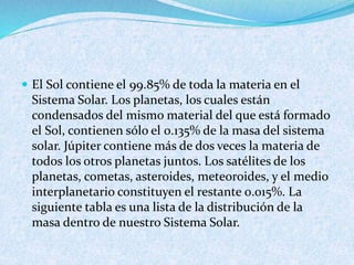  El Sol contiene el 99.85% de toda la materia en el
Sistema Solar. Los planetas, los cuales están
condensados del mismo material del que está formado
el Sol, contienen sólo el 0.135% de la masa del sistema
solar. Júpiter contiene más de dos veces la materia de
todos los otros planetas juntos. Los satélites de los
planetas, cometas, asteroides, meteoroides, y el medio
interplanetario constituyen el restante 0.015%. La
siguiente tabla es una lista de la distribución de la
masa dentro de nuestro Sistema Solar.
 