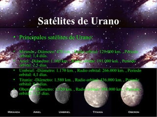Satélites de Urano
• Principales satélites de Urano:
• Miranda: -Diámetro: 470 km. , Radio orbital: 129.000 km. , Periodo
orbital: 1,4 días.
• Ariel: -Diámetro: 1.160 km. , Radio orbital: 191.000 km. , Periodo
orbital: 2,5 días.
• Umbriel: -Diámetro: 1.170 km. , Radio orbital: 266.000 km. , Periodo
orbital: 4,1 días.
• Titania: -Diámetro: 1.580 km. , Radio orbital: 436.000 km. , Periodo
orbital: 8,7 días.
• Oberon: -Diámetro: 1.520 km. , Radio orbital: 584.000 km. , Periodo
orbital: 13,5 días.
 
