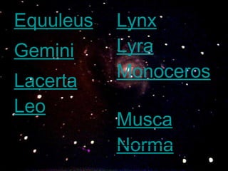 Lynx   Lyra   Monoceros   Musca   Norma   Equuleus   Gemini   Lacerta   Leo   