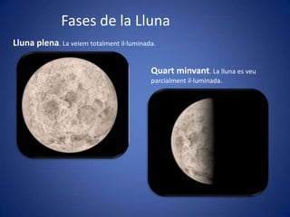 Fases de la Lluna
Lluna plena. La veiem totalment il·luminada.
Quart minvant. La lluna es veu
parcialment il·luminada.

 