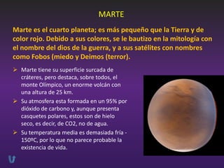 MARTE
Marte es el cuarto planeta; es más pequeño que la Tierra y de
color rojo. Debido a sus colores, se le bautizo en la mitología con
el nombre del dios de la guerra, y a sus satélites con nombres
como Fobos (miedo y Deimos (terror).
 Marte tiene su superficie surcada de
cráteres, pero destaca, sobre todos, el
monte Olímpico, un enorme volcán con
una altura de 25 km.
 Su atmosfera esta formada en un 95% por
dióxido de carbono y, aunque presenta
casquetes polares, estos son de hielo
seco, es decir, de CO2, no de agua.
 Su temperatura media es demasiada fría 150ºC, por lo que no parece probable la
existencia de vida.

 