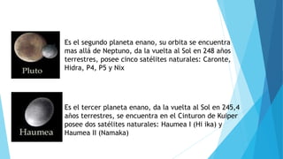 Es el segundo planeta enano, su orbita se encuentra
mas allá de Neptuno, da la vuelta al Sol en 248 años
terrestres, posee cinco satélites naturales: Caronte,
Hidra, P4, P5 y Nix
Es el tercer planeta enano, da la vuelta al Sol en 245,4
años terrestres, se encuentra en el Cinturon de Kuiper
posee dos satélites naturales: Haumea I (Hi ika) y
Haumea II (Namaka)
 
