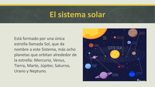 El sistema solar
Está formado por una única
estrella llamada Sol, que da
nombre a este Sistema, más ocho
planetas que orbitan alrededor de
la estrella: Mercurio, Venus,
Tierra, Marte, Júpiter, Saturno,
Urano y Neptuno.
 