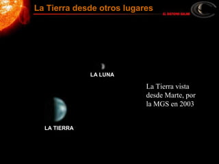 La Tierra vista
desde Marte, por
la MGS en 2003
La Tierra desde otros lugares
LA TIERRA
LA LUNA
 