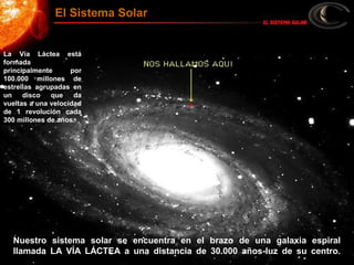 El Sistema Solar
La Vía Láctea está
formada
principalmente por
100.000 millones de
estrellas agrupadas en
un disco que da
vueltas a una velocidad
de 1 revolución cada
300 millones de años.
Nuestro sistema solar se encuentra en el brazo de una galaxia espiral
llamada LA VÍA LÁCTEA a una distancia de 30.000 años-luz de su centro.
 