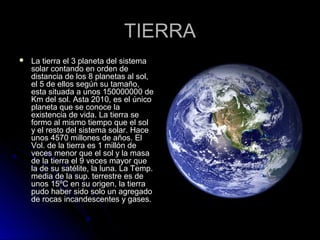 TIERRATIERRA
 La tierra el 3 planeta del sistemaLa tierra el 3 planeta del sistema
solar contando en orden desolar contando en orden de
distancia de los 8 planetas al sol,distancia de los 8 planetas al sol,
el 5 de ellos según su tamaño,el 5 de ellos según su tamaño,
esta situada a unos 150000000 deesta situada a unos 150000000 de
Km del sol. Asta 2010, es el únicoKm del sol. Asta 2010, es el único
planeta que se conoce laplaneta que se conoce la
existencia de vida. La tierra seexistencia de vida. La tierra se
formo al mismo tiempo que el solformo al mismo tiempo que el sol
y el resto del sistema solar. Hacey el resto del sistema solar. Hace
unos 4570 millones de años. Elunos 4570 millones de años. El
Vol. de la tierra es 1 millón deVol. de la tierra es 1 millón de
veces menor que el sol y la masaveces menor que el sol y la masa
de la tierra el 9 veces mayor quede la tierra el 9 veces mayor que
la de su satélite, la luna. La Temp.la de su satélite, la luna. La Temp.
media de la sup. terrestre es demedia de la sup. terrestre es de
unos 15ºC en su origen, la tierraunos 15ºC en su origen, la tierra
pudo haber sido solo un agregadopudo haber sido solo un agregado
de rocas incandescentes y gases.de rocas incandescentes y gases.
 