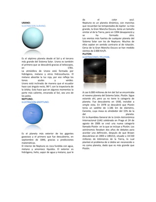 URANO:
ILUSTRACION.5URANO.
Es el séptimo planeta desde el Sol y el tercero
más grande del Sistema Solar. Urano es también
el primero que se descubrió gracias al telescopio,
en 1781.
La atmósfera de Urano está formada por
hidrógeno, metano y otros hidrocarburos. El
metano absorbe la luz roja, por eso refleja los
tonos azules y verdes.
Urano está inclinado de manera que el ecuador
hace casi ángulo recto, 98 º, con la trayectoria de
la órbita. Esto hace que en algunos momentos la
parte más caliente, encarada al Sol, sea uno de
los polos.
NEPTUNO:
ILUSTRACION.6NEPTUNO.
Es el planeta más exterior de los gigantes
gaseosos y el primero que fue descubierto, en
septiembre de 1846, gracias a predicciones
matemáticas.
El interior de Neptuno es roca fundida con agua,
metano y amoníaco líquidos. El exterior es
hidrógeno, helio, vapor de agua y metano, que le
da el color azul.
Neptuno es un planeta dinámico, con manchas
que recuerdan las tempestades de Júpiter. La más
grande, la Gran Mancha Oscura, tenía un tamaño
similar al de la Tierra, pero en 1994 desapareció y
se ha formado otra.
Los vientos más fuertes de cualquier planeta del
Sistema Solar son los de Neptuno. Muchos de
ellos soplan en sentido contrario al de rotación.
Cerca de la Gran Mancha Oscura se han medido
vientos de 2.000 Km/h.
PLUTON:
ILUSTRACONES.7PLUTON.
A casi 6.000 millones de km del Sol se encontraba
el noveno planeta del Sistema Solar, Plutón. Sigue
estando ahí, pero ya no tiene la categoría de
planeta. Fue descubierto en 1930, invisible a
simple vista. En 1978 se descubrió que Plutón
tenía un satélite de 1.186 km de diámetro,
Caronte, cuya masa es alrededor del 15% de la
del planeta.
En la Asamblea General de la Unión Astronómica
Internacional (UAI) celebrada en Praga el 24 de
agosto de 2006 se creó una nueva categoría
llamada Plutón en la que se incluye a Plutón. Los
astrónomos llevaban dos años de debates para
acordar una definición, después de que Brown
descubriese en 2003 a UBS313, situado a 14.550
millones de kilómetros de la Tierra, lo cual
planteó el problema de si debía ser reconocido o
no como planeta, dado que es más grande que
Plutón.
 