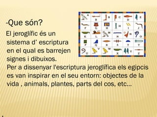 -Que són?
    El jeroglífic és un
    sistema d’ escriptura
    en el qual es barrejen
    signes i dibuixos.
    Per a dissenyar l'escriptura jeroglífica els egipcis
    es van inspirar en el seu entorn: objectes de la
    vida , animals, plantes, parts del cos, etc…



.
 