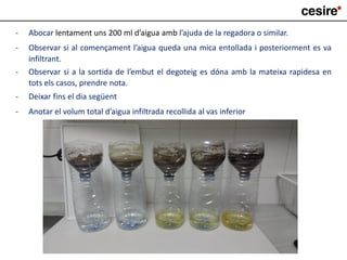 - Abocar lentament uns 200 ml d’aigua amb l’ajuda de la regadora o similar.
- Observar si al començament l’aigua queda una mica entollada i posteriorment es va
infiltrant.
- Observar si a la sortida de l’embut el degoteig es dóna amb la mateixa rapidesa en
tots els casos, prendre nota.
- Deixar fins el dia següent
- Anotar el volum total d’aigua infiltrada recollida al vas inferior
 