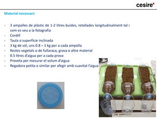 Material necessari:
- 3 ampolles de plàstic de 1-2 litres buides, retallades longitudinalment tal i
com es veu a la fotografia
- Cordill
- Taula o superfície inclinada
- 3 kg de sòl, uns 0.8 – 1 kg per a cada ampolla
- Restes vegetals o de fullaraca, grava o altre material
- 0.5 litres d’aigua per a cada prova
- Proveta per mesurar el volum d’aigua
- Regadora petita o similar per afegir amb suavitat l’aigua
 