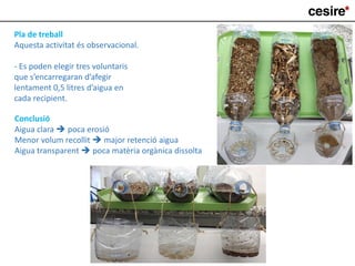 Pla de treball
Aquesta activitat és observacional.
- Es poden elegir tres voluntaris
que s’encarregaran d’afegir
lentament 0,5 litres d’aigua en
cada recipient.
Conclusió
Aigua clara  poca erosió
Menor volum recollit  major retenció aigua
Aigua transparent  poca matèria orgànica dissolta
 