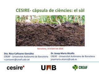 Dra. Rosa Cañizares González
CREAF - Universitat Autònoma de Barcelona
r.canizares@creaf.uab.cat
Dr. Josep Maria Alcañiz
C...