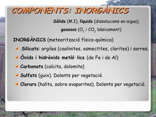 COMPONENTS: INORGÀNICS
                  Sòlids (M.I), líquids (dissolucions en aigua),
                      gasosos (O2 i CO2 bàsicament)

INORGÀNICS (meteorització físico-química)
   Silicats: argiles (caolinites, esmectites, clorites) i sorres.
  Òxids i hidròxids metàl·lics (de Fe i de Al)
  Carbonats (calcita, dolomita)
  Sulfats (guix). Dolents per vegetació.
  Clorurs (halita, sobre evaporites). Dolents per vegetació.
 