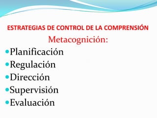 ESTRATEGIAS DE CONTROL DE LA COMPRENSIÓN
           Metacognición:
Planificación
Regulación
Dirección
Supervisión
Evaluación
 