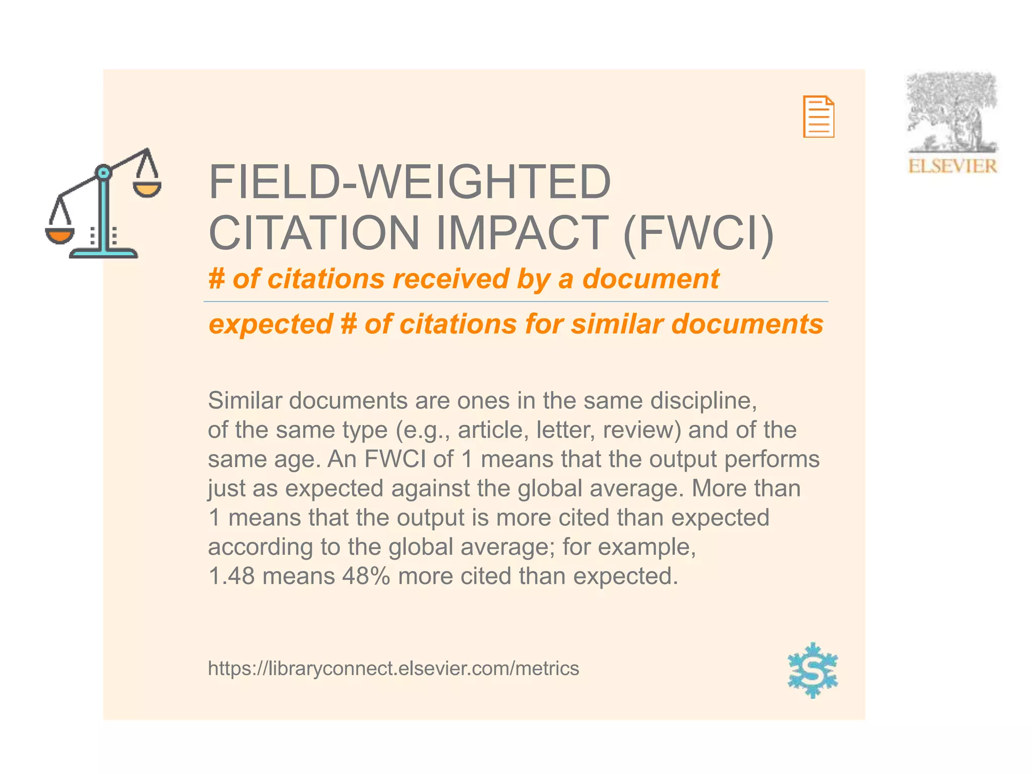 5
# of citations received by a document
expected # of citations for similar documents
FIELD-WEIGHTED
CITATION IMPACT (FWCI)
Similar documents are ones in the same discipline,
of the same type (e.g., article, letter, review) and of the
same age. An FWCI of 1 means that the output performs
just as expected against the global average. More than
1 means that the output is more cited than expected
according to the global average; for example,
1.48 means 48% more cited than expected.
https://libraryconnect.elsevier.com/metrics
 