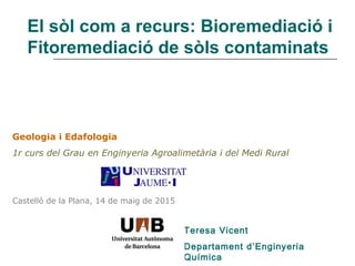 El sòl com a recurs: Bioremediació i
Fitoremediació de sòls contaminats
Teresa Vicent
Departament d’Enginyeria
Química
Geologia i Edafologia
1r curs del Grau en Enginyeria Agroalimetària i del Medi Rural
Castelló de la Plana, 14 de maig de 2015
 
