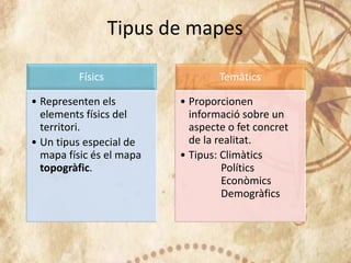 Físics
• Representen els
elements físics del
territori.
• Un tipus especial de
mapa físic és el mapa
topogràfic.
Temàtics
• Proporcionen
informació sobre un
aspecte o fet concret
de la realitat.
• Tipus: Climàtics
Polítics
Econòmics
Demogràfics
Tipus de mapes
 