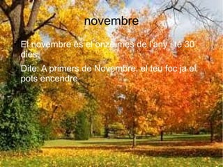 novembre
● El novembre és el onzè mes de l'any i té 30
dies.
● Dite: A primers de Novembre, el teu foc ja el
pots encendre.
 