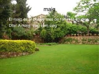 maig
● El maig és el cinquè més de l'any i té 31 dies.
● Dite: A maig, vaig com vaig.
 