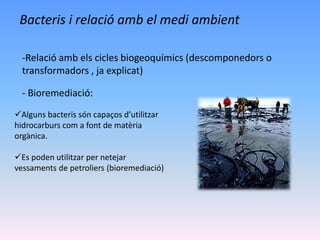 Bacteris i relació amb el medi ambient
-Relació amb els cicles biogeoquímics (descomponedors o
transformadors , ja explicat)
- Bioremediació:
Alguns bacteris són capaços d’utilitzar
hidrocarburs com a font de matèria
orgànica.
Es poden utilitzar per netejar
vessaments de petroliers (bioremediació)
 