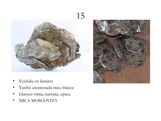 15
• S’exfolia en làmines
• També anomenada mica blanca
• Lluïssor vítria, nacrada, opaca
• MICA MOSCOVITA
 