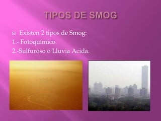 Existen 2 tipos de Smog:
1.- Fotoquímico.
2.-Sulfuroso o Lluvia Acida.
 