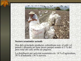 Sectors econòmics actuals Dos dels principals productes colombians son: el cafè i el  petroli i afronten un futur incert perquè només el 5 % del preu total del cafè arriba als pagesos. La distribució per activitat econòmica és: 14 % d’agricultura, 30 % d'industria i 56 % serveis. 