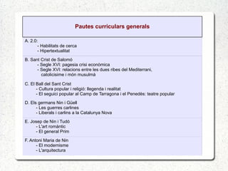 Pautes curriculars generals
A. 2.0:
- Habilitats de cerca
- Hipertextualitat
B. Sant Crist de Salomó
- Segle XVI: pagesia crisi econòmica
- Segle XVI: relacions entre les dues ribes del Mediterrani,
catolicisime i món musulmà
C. El Ball del Sant Crist
- Cultura popular i religió: llegenda i realitat
- El seguici popular al Camp de Tarragona i el Penedès: teatre popular
D. Els germans Nin i Güell
- Les guerres carlines
- Liberals i carlins a la Catalunya Nova
E. Josep de Nin i Tudó
- L'art romàntic
- El general Prim
F. Antoni Maria de Nin
- El modernisme
- L'arquitectura
 