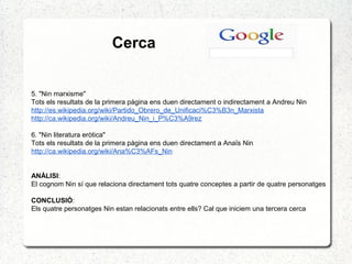 Cerca
5. "Nin marxisme"
Tots els resultats de la primera pàgina ens duen directament o indirectament a Andreu Nin
http://es.wikipedia.org/wiki/Partido_Obrero_de_Unificaci%C3%B3n_Marxista
http://ca.wikipedia.org/wiki/Andreu_Nin_i_P%C3%A9rez
6. "Nin literatura eròtica"
Tots els resultats de la primera pàgina ens duen directament a Anaïs Nin
http://ca.wikipedia.org/wiki/Ana%C3%AFs_Nin
ANÀLISI:
El cognom Nin sí que relaciona directament tots quatre conceptes a partir de quatre personatges
CONCLUSIÓ:
Els quatre personatges Nin estan relacionats entre ells? Cal que iniciem una tercera cerca
 
