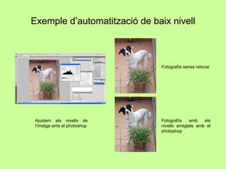 Exemple d’automatització de baix nivell Ajustem els nivells de l’imatge amb el photoshop Fotografía sense retocar Fotografía amb els nivells arreglats amb el photoshop 