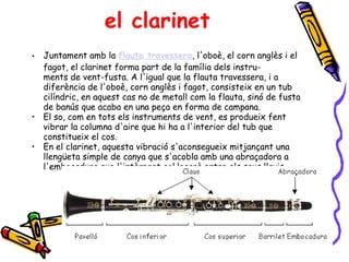 el clarinet Juntament amb la  flauta travessera , l'oboè, el corn anglès i el fagot, el clarinet forma part de la família dels instru- ments de vent-fusta. A l'igual que la flauta travessera, i a diferència de l'oboè, corn anglès i fagot, consisteix en un tub cilíndric, en aquest cas no de metall com la flauta, sinó de fusta de banús que acaba en una peça en forma de campana. El so, com en tots els instruments de vent, es produeix fent vibrar la columna d'aire que hi ha a l'interior del tub que constitueix el cos.  En el clarinet, aquesta vibració s'aconsegueix mitjançant una llengüeta simple de canya que s'acobla amb una abraçadora a l'embocadura que l'intèrpret col·locarà entre els seus llavis.  
